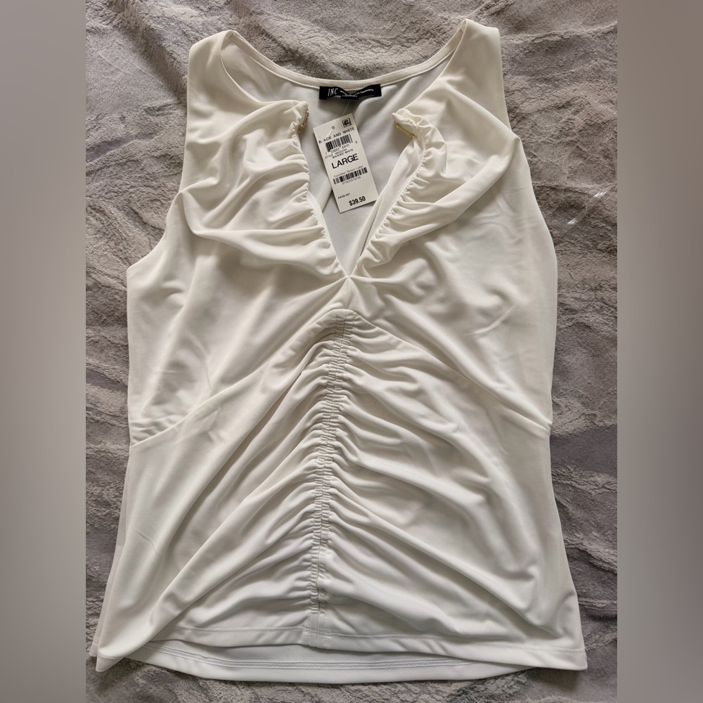 NWT INC International Cream Sleeveless Ruched Blouse With Gold Accents